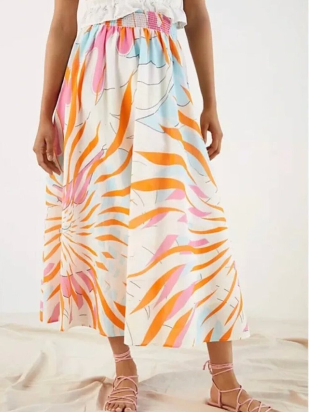 Maeve White Maxi Skirt with Orange & Pink Sunburst Print
